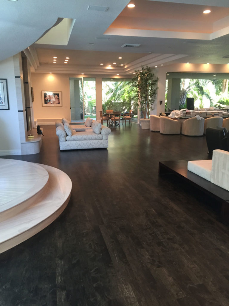 dark maple birch hardwood floors in large open living room